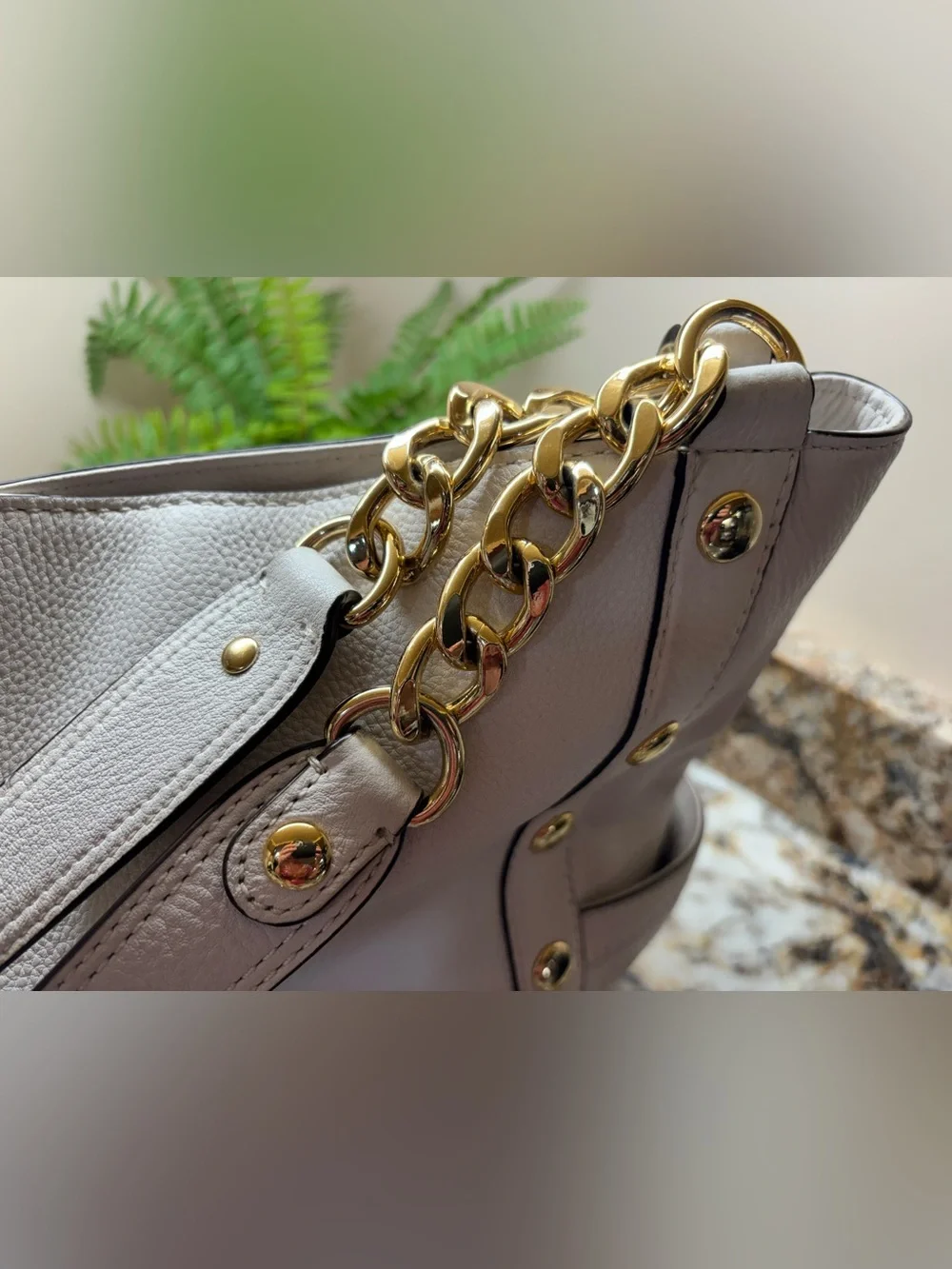 Michael Kors White Pebbled Leather Shoulder Tote with Gold Chain Detail